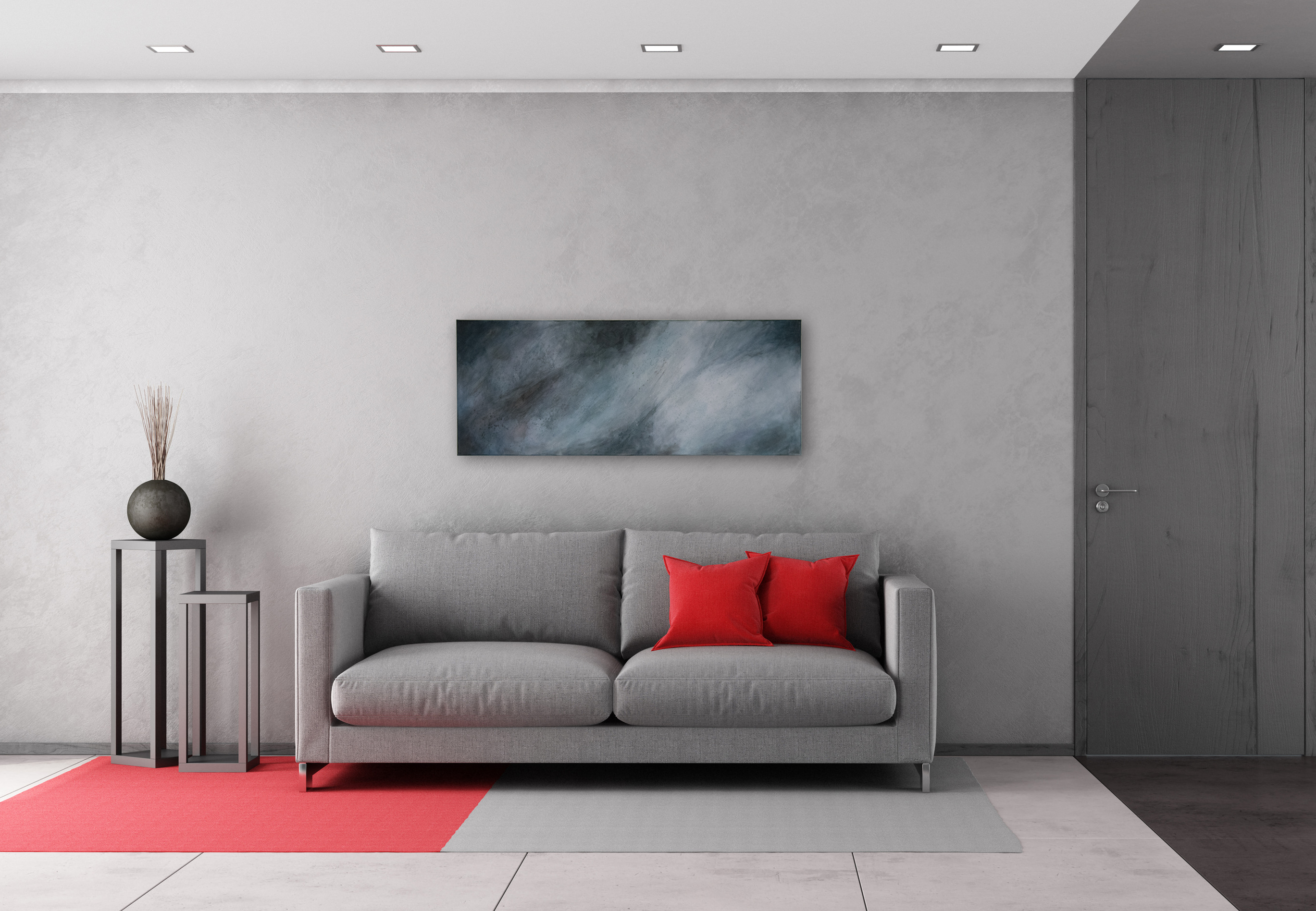 Contemporary living room with gray sofa and closed door - rendering